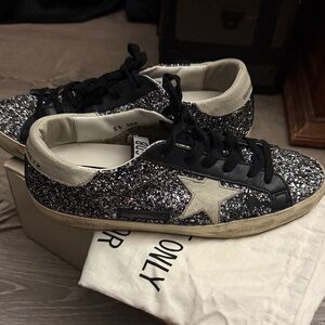 Golden Goose Deluxe Brand Super-Star Sneakers Black Silver Glitter Size 10